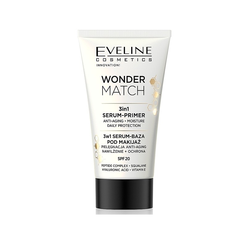 Base de maquillaje serum Eveline Wonder Match 30ml, pre base maquillaje profesional con protección SPF20.