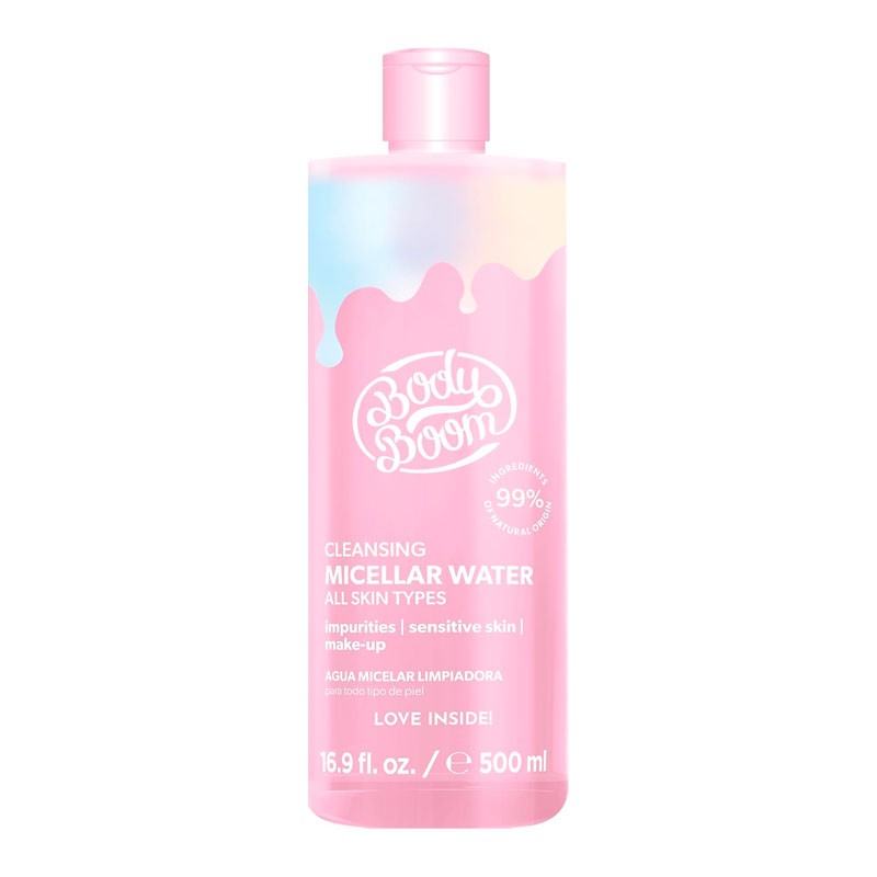 Agua micelar limpiadora BodyBoom 500ml, desmaquillante suave para todo tipo de piel.