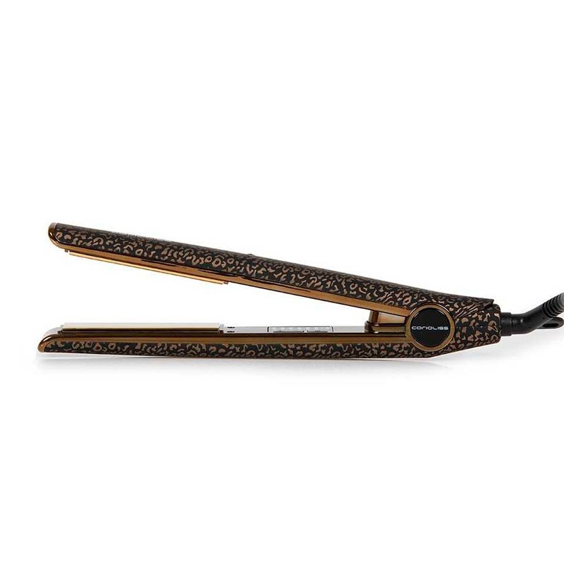 Plancha Corioliss C1 Gold Leopard Soft Touch, diseño exclusivo y tecnología de titanio profesional.