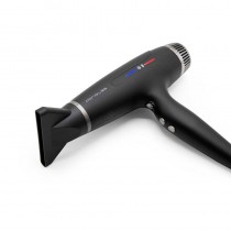 Secador de pelo profesional Corioliss Typhoon Black, ideal para uso en salones de peluquería.