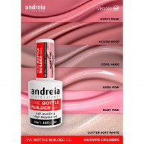 Builder gel Andreia de baja viscosidad, perfecto para manicuras con un toque de glitter.