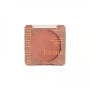 Polvo multifunción que combina colorete, bronceador e iluminador en un solo producto.