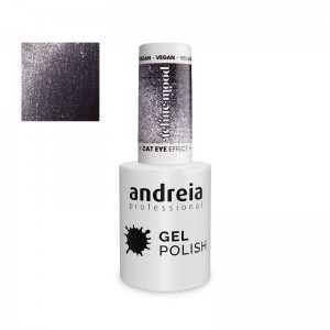Esmalte semipermanente Andreia Nº FE4 color glitter violeta grisáceo con destellos plateados efecto ojo de gato.