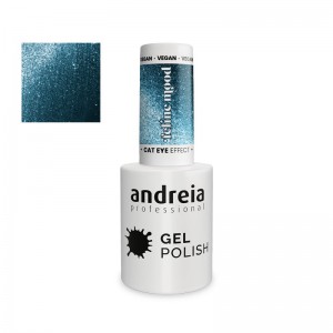 Esmalte semipermanente Andreia Nº FE5 color glitter azul petróleo con destellos azules efecto ojo de gato.