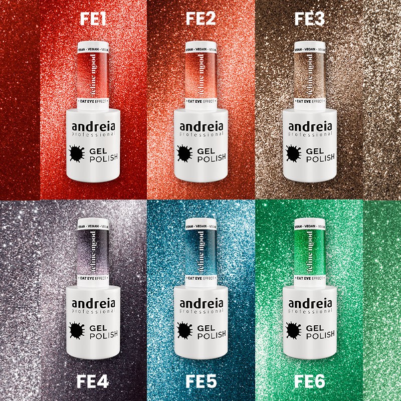 Colección completa de Andreia Gel Polish Cat Eye con 6 colores vibrantes.
